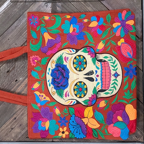 Handbags - Mexican Artisinal floral and sugar skull tote bag. Dia de los Muertos/ 5 de mayo